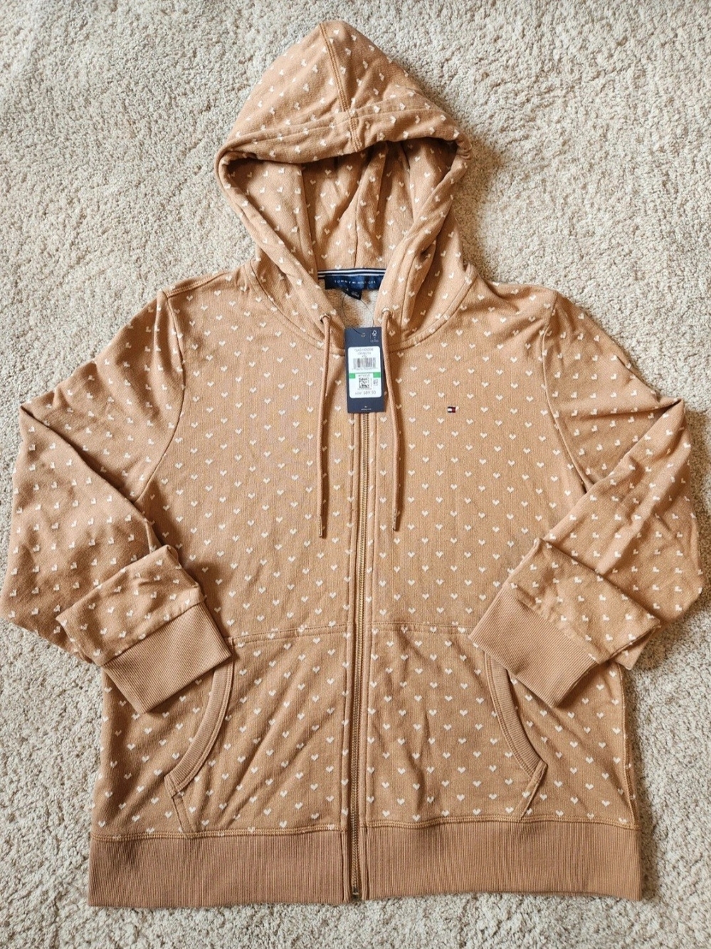 Tommy Hilfiger 100% Cotton Zip-up Tan Hoodie with Tiny White Heart Print